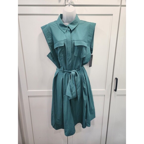 Andrew Marc Dresses & Skirts - Andrew Marc Women’s Green Solid Sleeveless Button-Front Belted Shirt Dress Sz 12